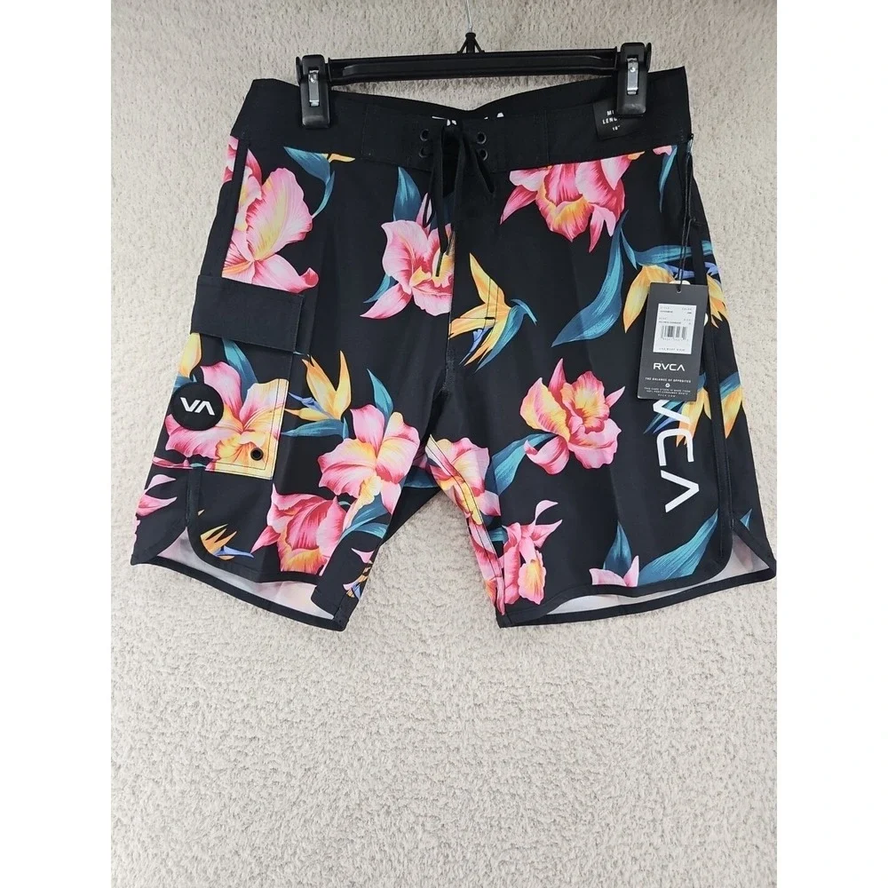 RVCA Surf Board Shorts Mens Size 29 Hawaiian Hibiscus Flowers Black New With Tag